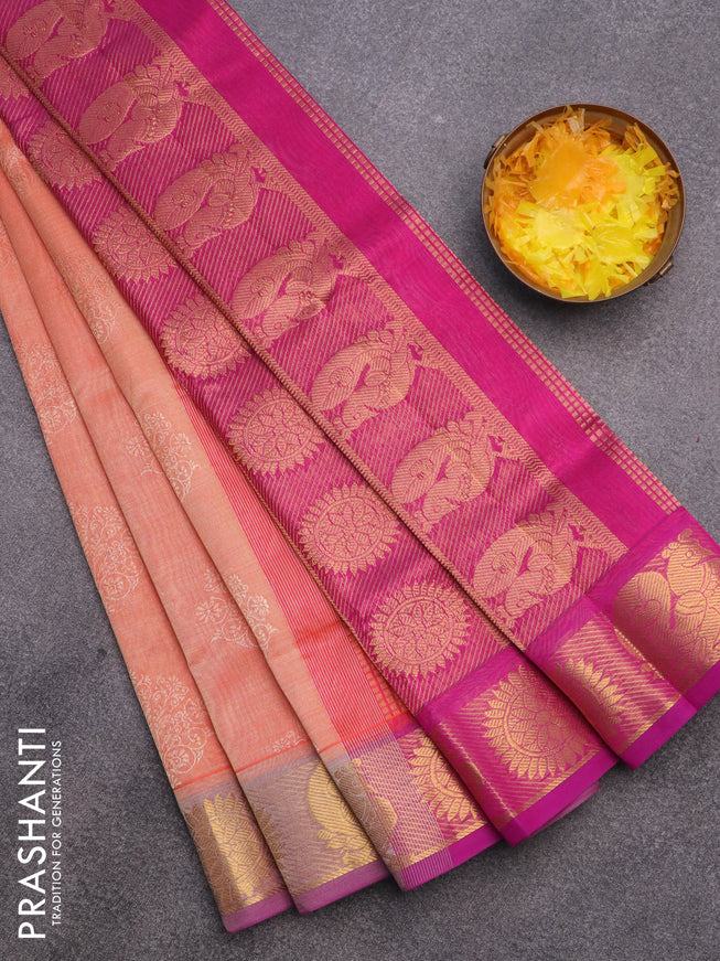 Silk cotton saree orange and magenta pink with allover self emboss & jacquard and rudhraksha & annam zari woven border