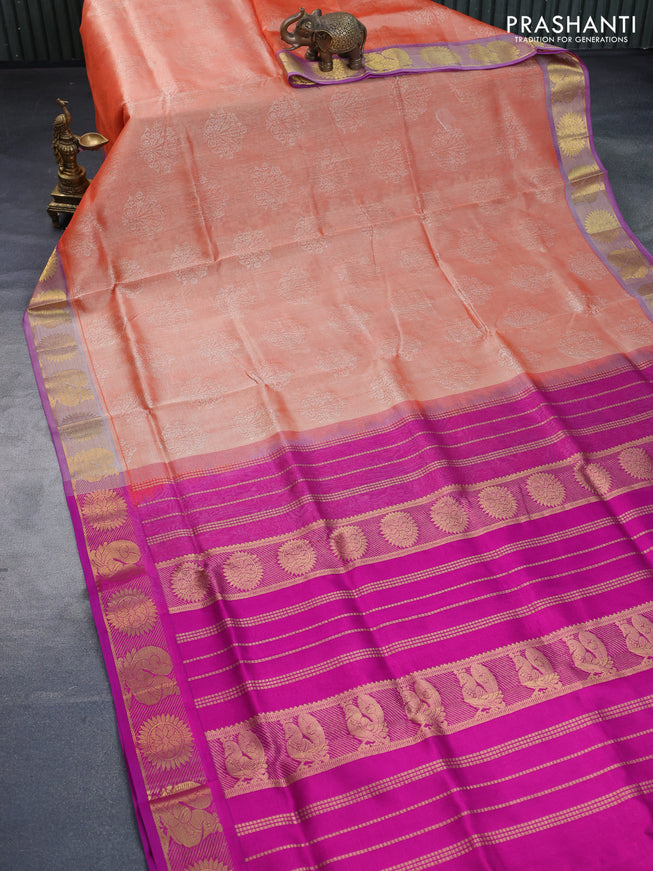 Silk cotton saree orange and magenta pink with allover self emboss & jacquard and rudhraksha & annam zari woven border