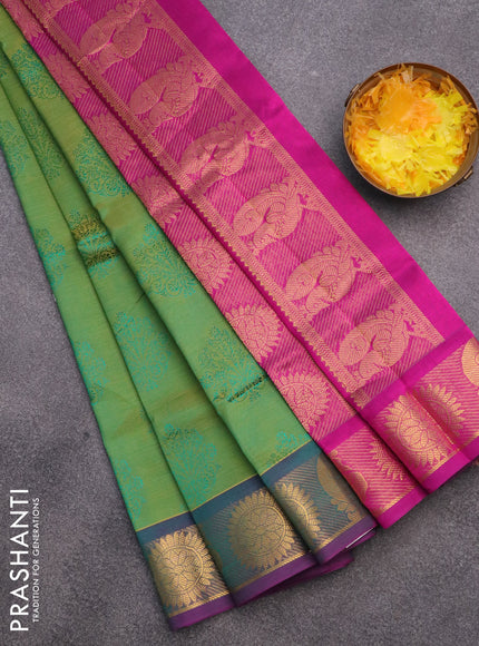 Silk cotton saree dual shade of green and magenta pink with allover self emboss & jacquard and rudhraksha & annam zari woven border