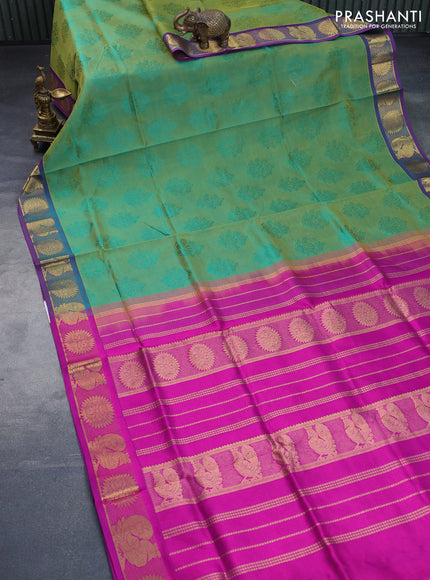 Silk cotton saree dual shade of green and magenta pink with allover self emboss & jacquard and rudhraksha & annam zari woven border