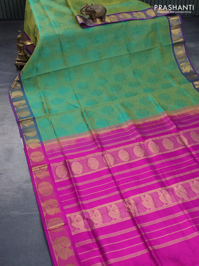 Silk cotton saree dual shade of green and magenta pink with allover self emboss & jacquard and rudhraksha & annam zari woven border