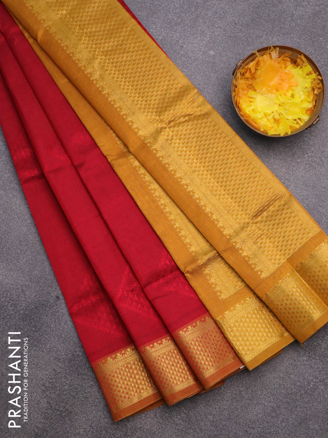 Silk cotton saree maroon and mustard yellow with allover self emboss & jacquard and zari woven border