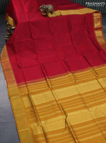 Silk cotton saree maroon and mustard yellow with allover self emboss & jacquard and zari woven border