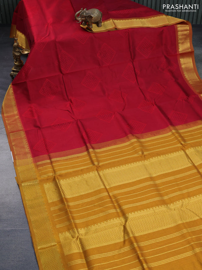 Silk cotton saree maroon and mustard yellow with allover self emboss & jacquard and zari woven border