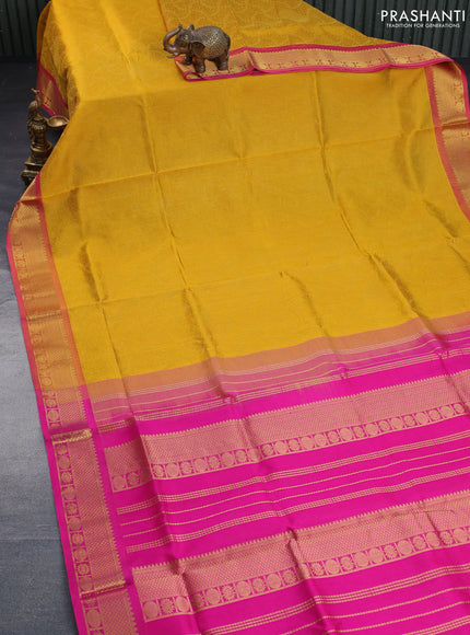 Silk cotton saree yellow and pink with allover self emboss & jacquard and zari woven border