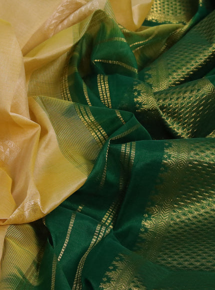 Silk cotton saree yellow and green with allover self emboss & jacquard and zari woven border