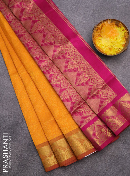 Silk cotton saree mango yellow and magenta pink with allover self emboss & jacquard and zari woven border