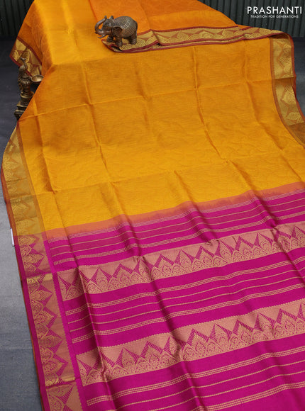 Silk cotton saree mango yellow and magenta pink with allover self emboss & jacquard and zari woven border