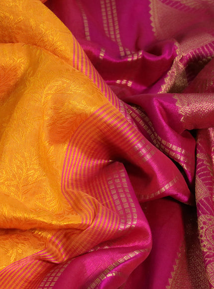 Silk cotton saree mango yellow and magenta pink with allover self emboss & jacquard and zari woven border