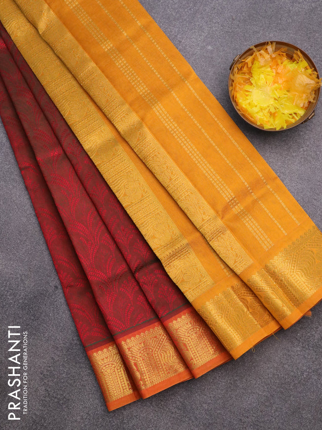 Silk cotton saree maroon and mango yellow with allover self emboss & jacquard and zari woven border