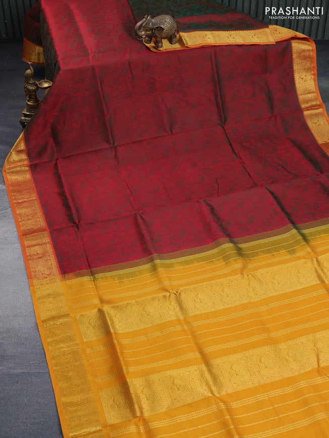 Silk cotton saree maroon and mango yellow with allover self emboss & jacquard and zari woven border