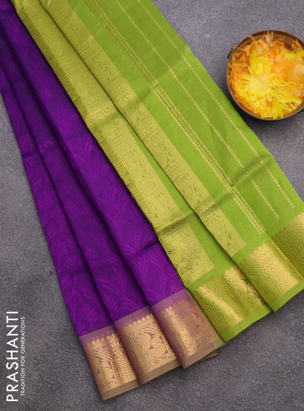 Silk cotton saree deep purple and light green with allover self emboss & jacquard and zari woven border