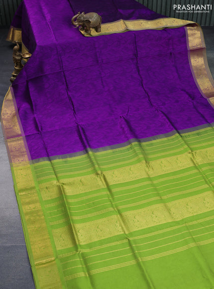 Silk cotton saree deep purple and light green with allover self emboss & jacquard and zari woven border