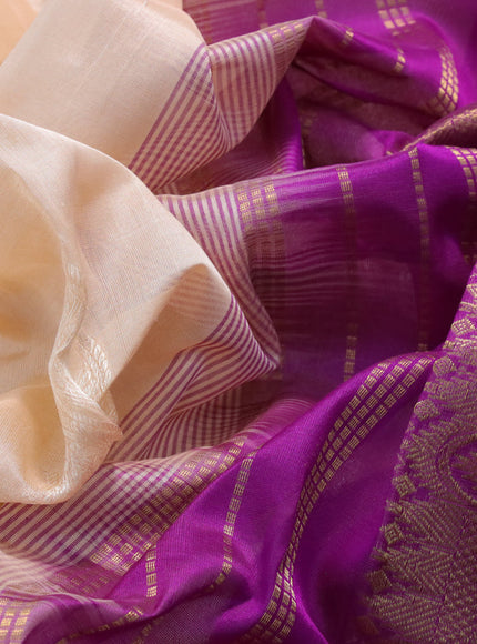 Silk cotton saree sandal and purple with allover self emboss & jacquard and zari woven border