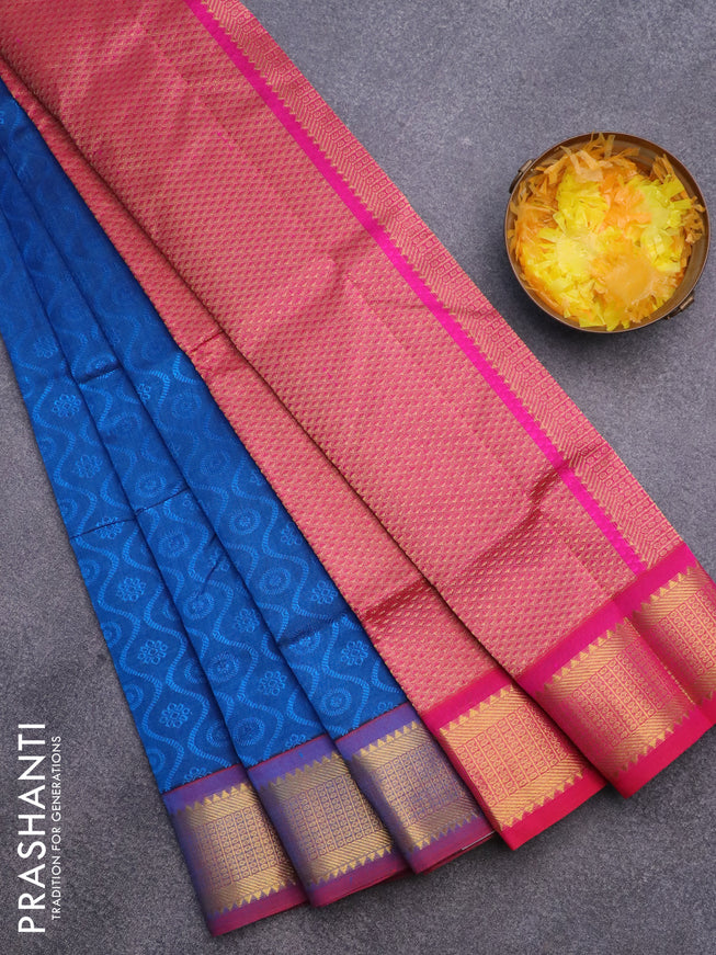 Silk cotton saree cs blue and pink with allover self emboss & jacquard and zari woven border