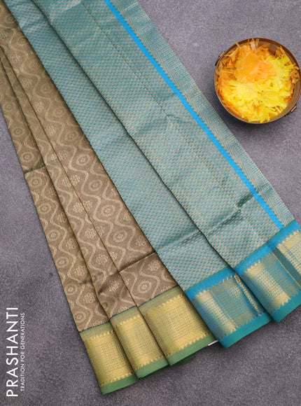 Silk cotton saree elaichi green and dual shade of cs blue with allover self emboss & jacquard and zari woven border