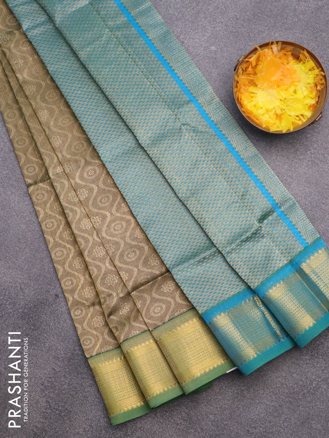 Silk cotton saree elaichi green and dual shade of cs blue with allover self emboss & jacquard and zari woven border