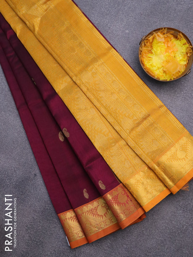 Silk cotton saree wine shade and mustard yellow with paisley zari woven buttas and rich zari woven border