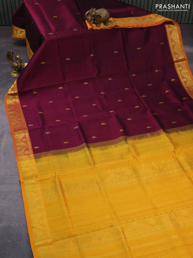 Silk cotton saree wine shade and mustard yellow with paisley zari woven buttas and rich zari woven border