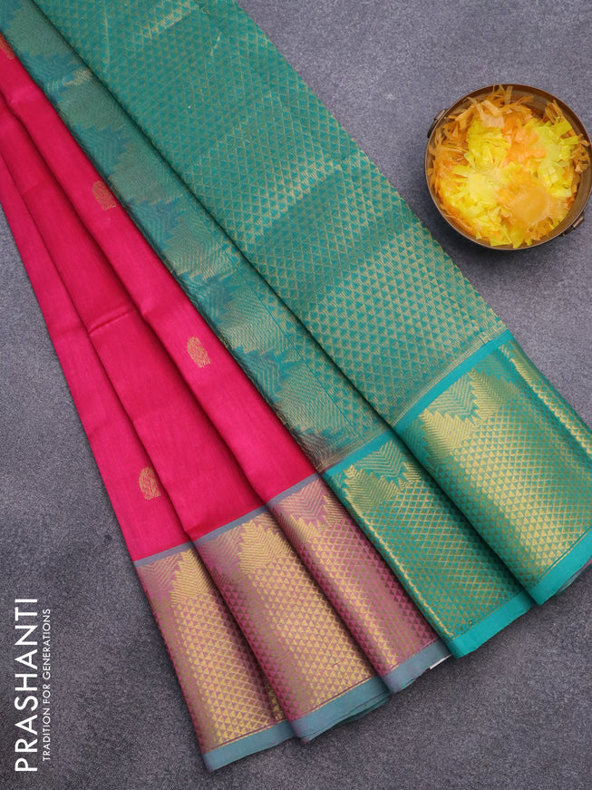 Silk cotton saree candy pink and teal green with paisley zari woven buttas and long zari woven border