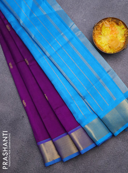 Silk cotton saree purple and cs blue with paisley zari woven buttas an rich zari woven