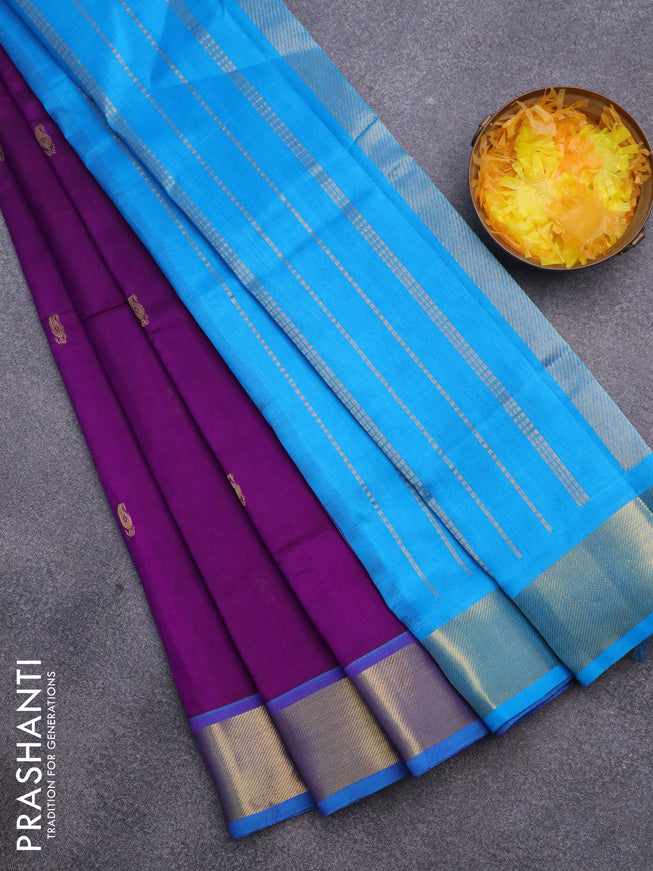 Silk cotton saree purple and cs blue with paisley zari woven buttas an rich zari woven