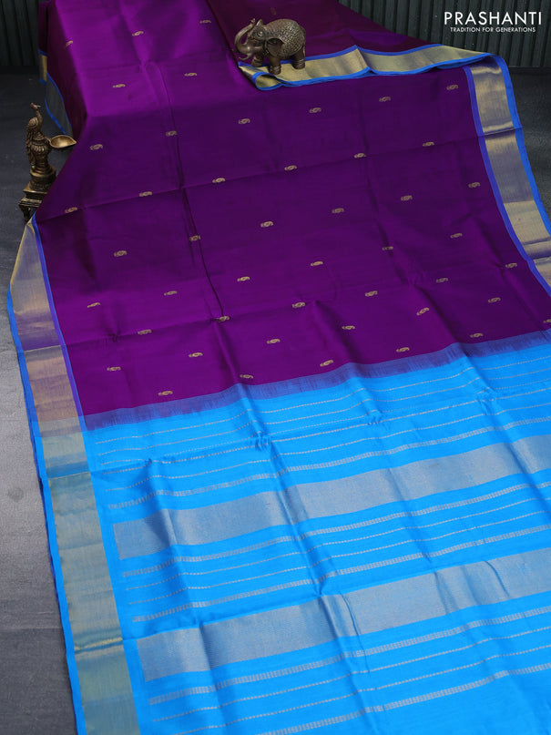 Silk cotton saree purple and cs blue with paisley zari woven buttas an rich zari woven