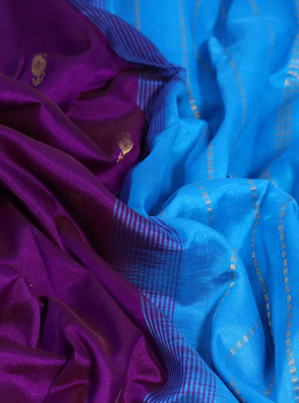 Silk cotton saree purple and cs blue with paisley zari woven buttas an rich zari woven