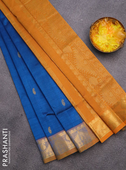 Silk cotton saree peacock blue and mustard yellow with paisley zari woven buttas and rich zari woven border