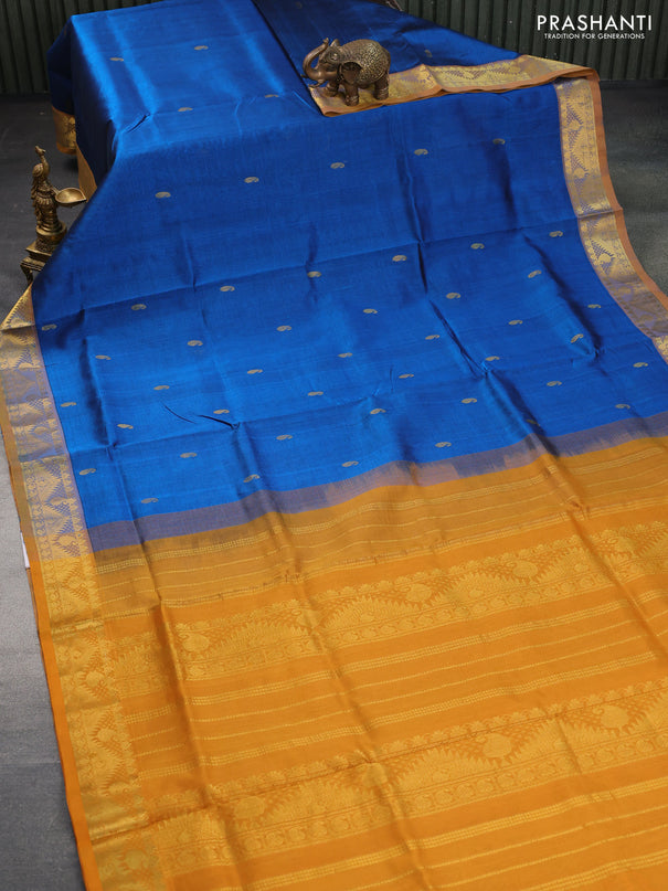 Silk cotton saree peacock blue and mustard yellow with paisley zari woven buttas and rich zari woven border