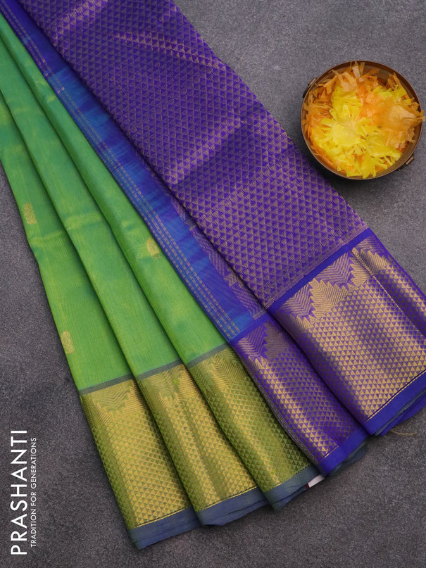 Silk cotton saree dual shade of green and blue with paisley zari woven buttas and long zari woven border