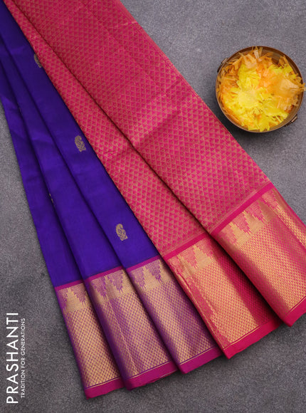 Silk cotton saree blue and pink with paisley zari woven buttas and long zari woven border