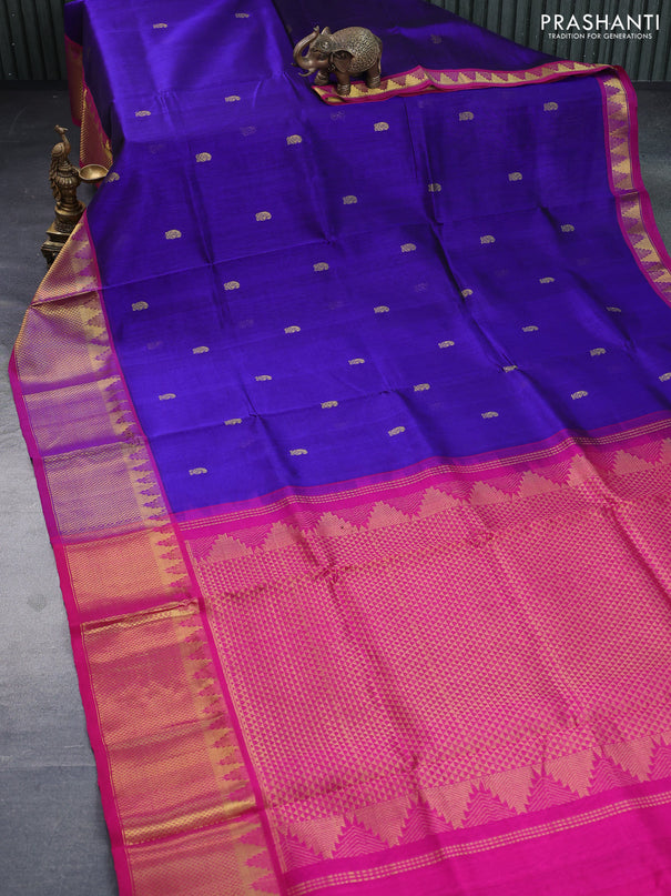 Silk cotton saree blue and pink with paisley zari woven buttas and long zari woven border