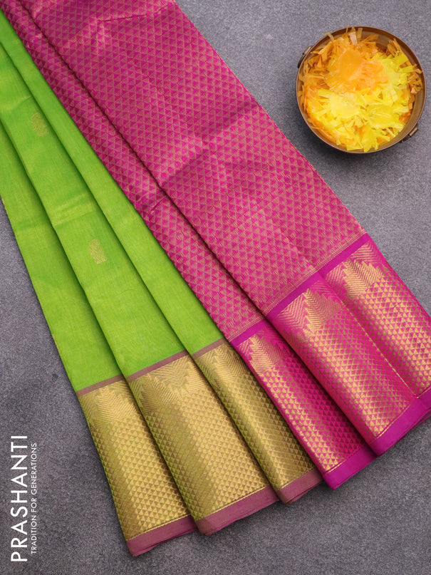 Silk cotton saree light green and purple with zari woven buttas and zari woven border