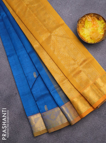 Silk cotton saree cs blue and mustard yellow with zari woven buttas and zari woven border