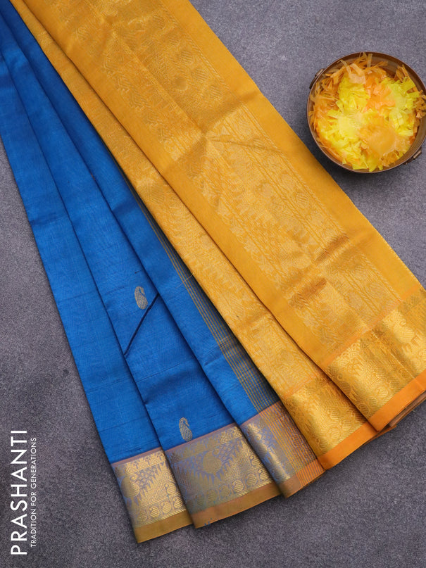 Silk cotton saree cs blue and mustard yellow with zari woven buttas and zari woven border