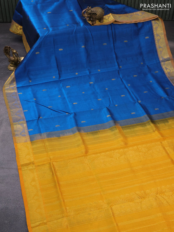 Silk cotton saree cs blue and mustard yellow with zari woven buttas and zari woven border