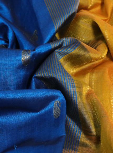 Silk cotton saree cs blue and mustard yellow with zari woven buttas and zari woven border