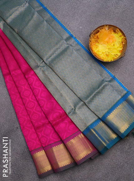 Silk cotton saree magenta pink and dual shade of cs blue with allover self emboss & jacquard and zari woven border