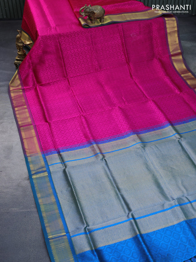 Silk cotton saree magenta pink and dual shade of cs blue with allover self emboss & jacquard and zari woven border