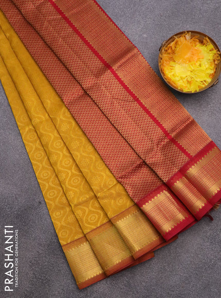 Silk cotton saree mustard yellow and maroon with allover self emboss & jacquard and zari woven border