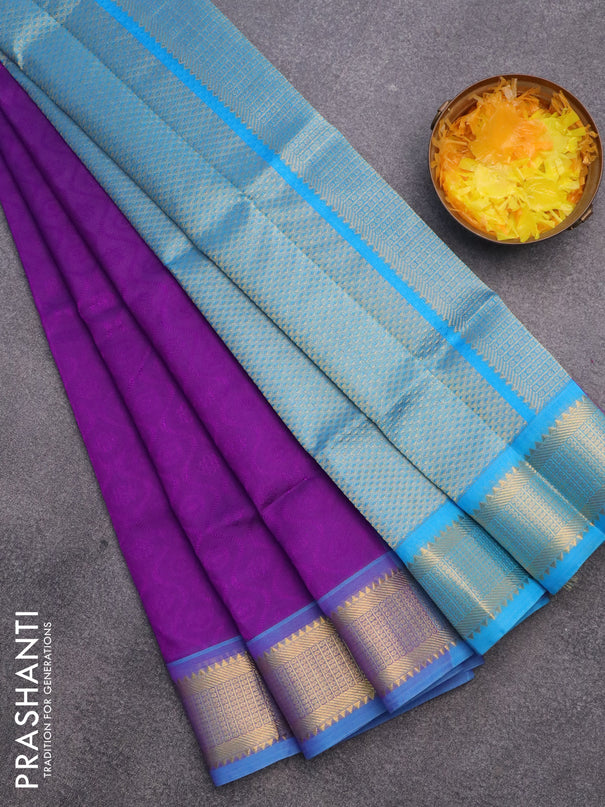 Silk cotton saree violet shade and cs blue with allover self emboss & jacquard and zari woven border