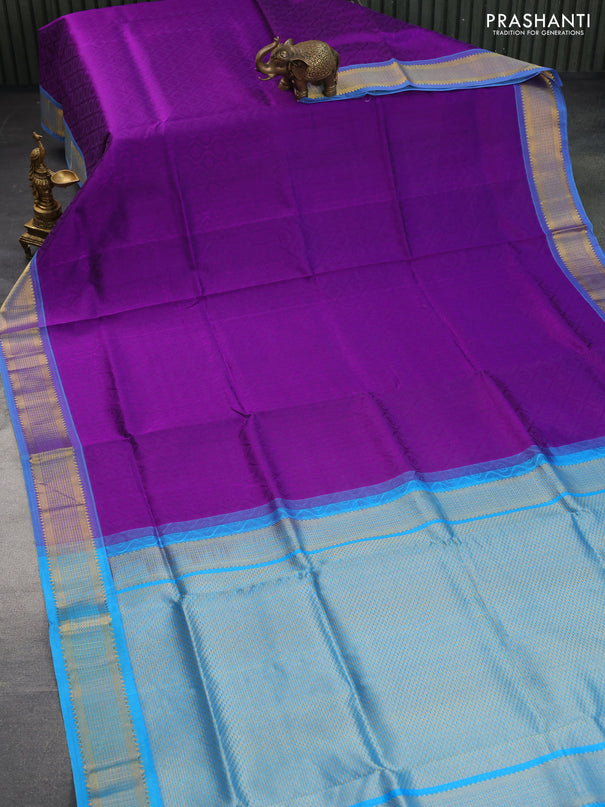 Silk cotton saree violet shade and cs blue with allover self emboss & jacquard and zari woven border