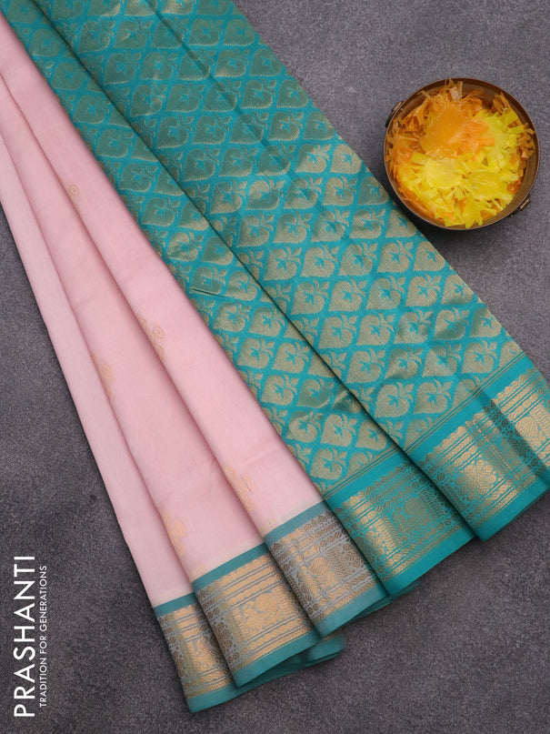 Silk cotton saree baby pink and teal green with zari woven buttas and zari woven border