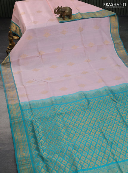 Silk cotton saree baby pink and teal green with zari woven buttas and zari woven border