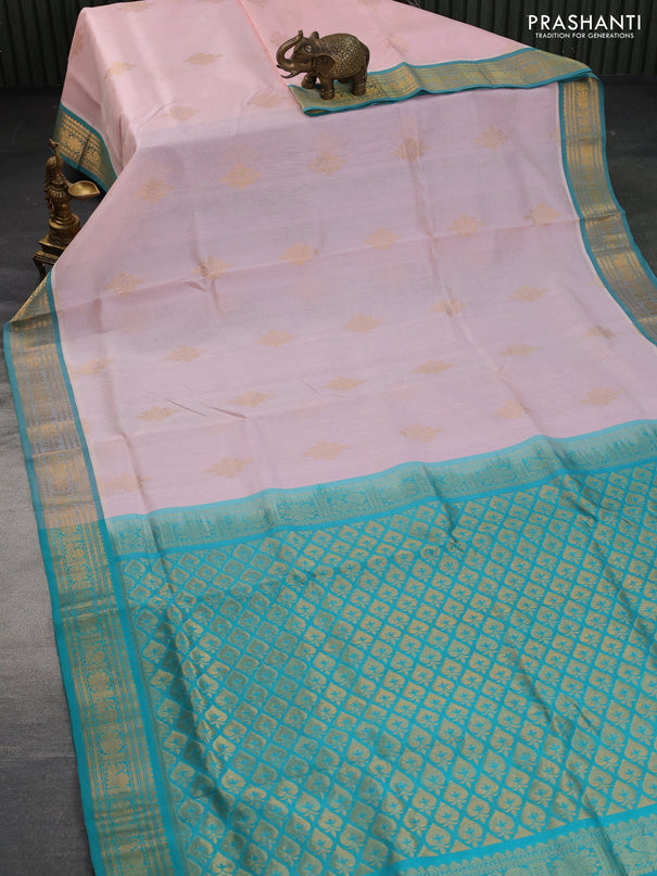 Silk cotton saree baby pink and teal green with zari woven buttas and zari woven border