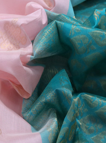 Silk cotton saree baby pink and teal green with zari woven buttas and zari woven border