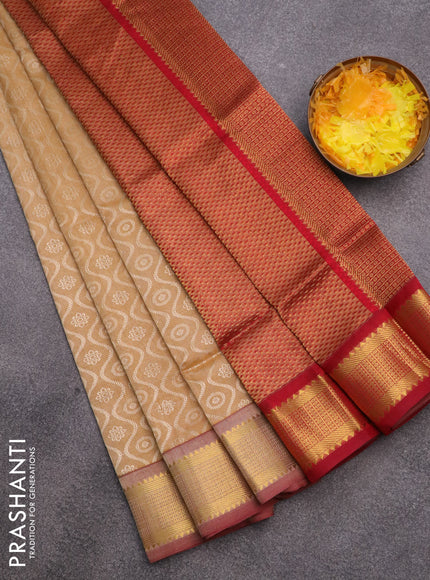 Silk cotton saree sandal and maroon with allover self emboss & jacquard and zari woven border