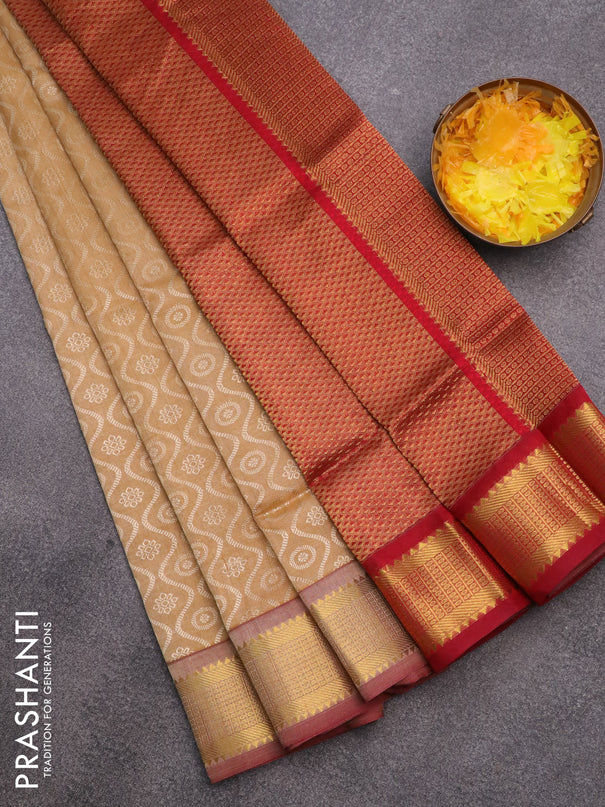 Silk cotton saree sandal and maroon with allover self emboss & jacquard and zari woven border