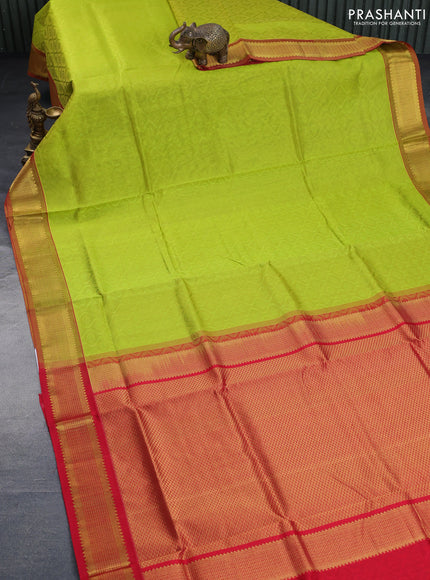 Silk cotton saree flourescent green and red with allover self emboss & jacquard and zari woven border